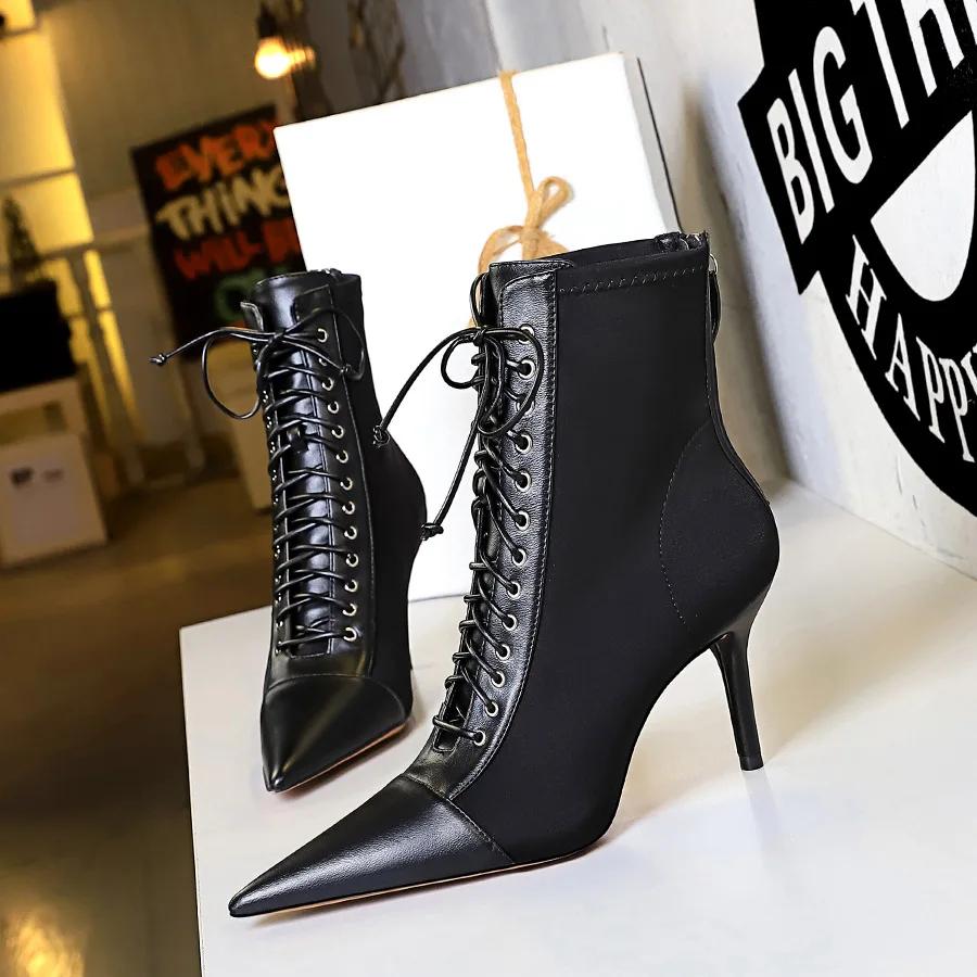 Fashionable Sexy Thin Women's Boots Thin Heel High Heel Shallow Mouth Pointed Head Lace-up Cross Strap Short Boots DS-1838-1