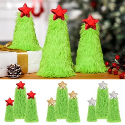 Green Plush Christmas Tree Ornaments Soft Furry Xmas Decor with Star Topper Holiday Table Centerpieces Party Supplies