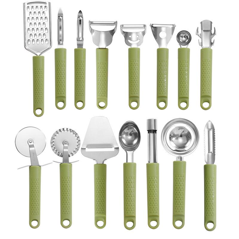 Multifunctional Kitchen Utensil Set: Stainless Steel Y-Handle Tools - Can Opener, Pizza Cutter, Cake Spatula