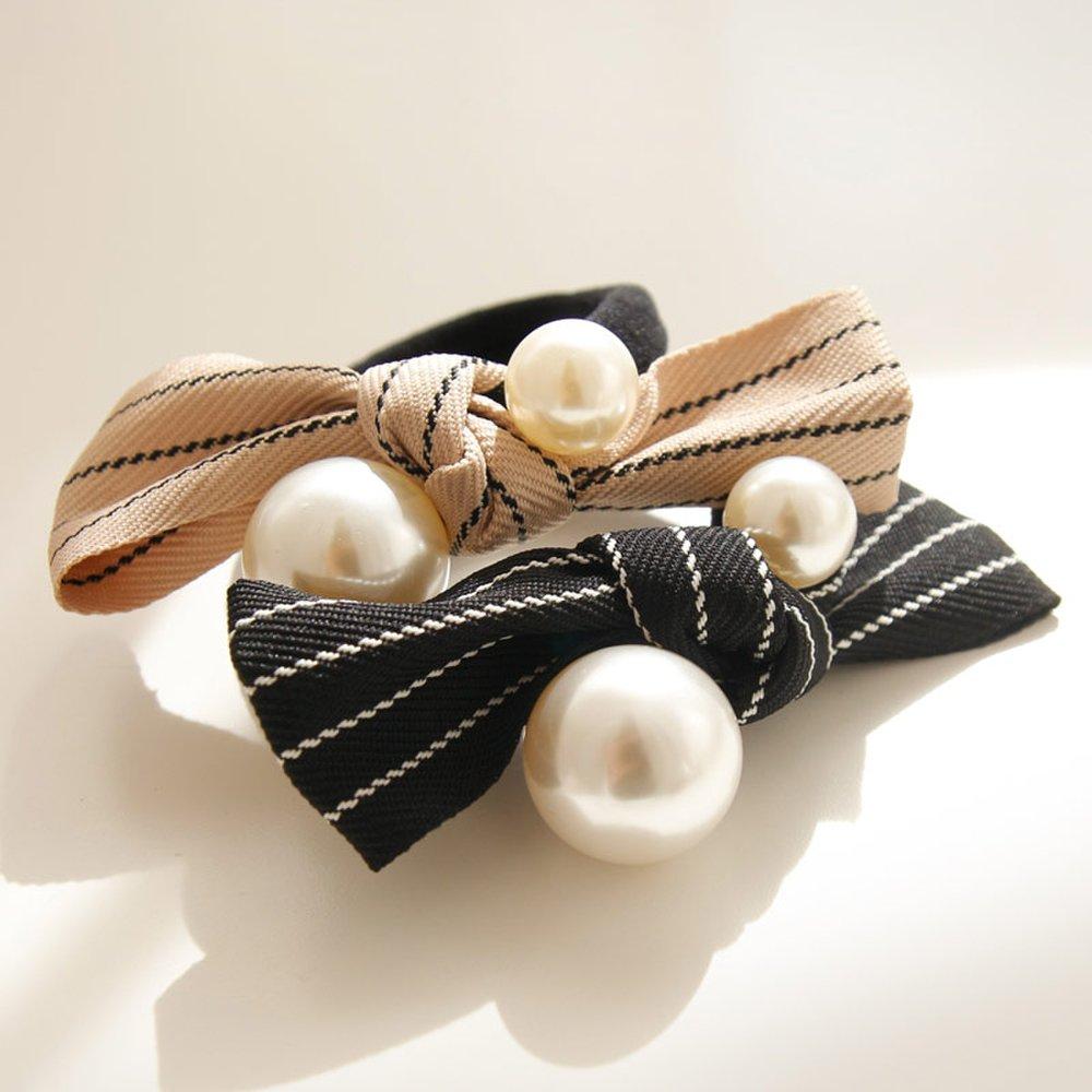 

Jlauren Striped Fabric Pearl Hair Scrunchie H01089 beige