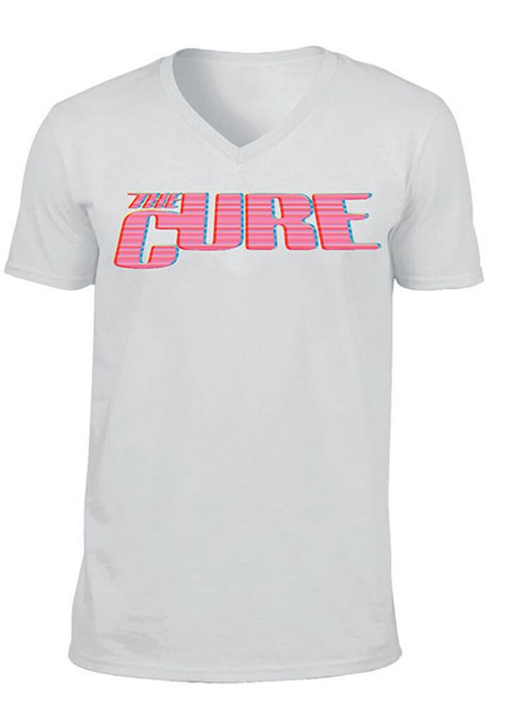 The Cure - Neon Logo-2019 Tour - XL V-Ausschnitt Weißes T-Shirt