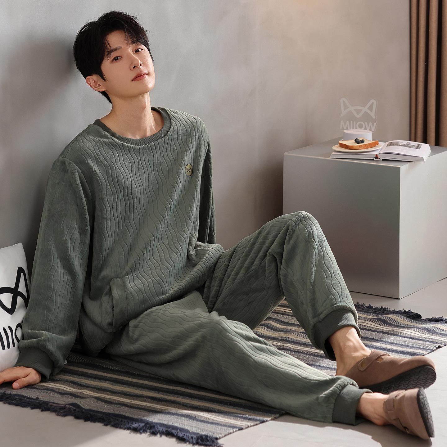 Мужская пижама Мужская зимняя фланелевая утолщенная флисовая осенне-зимняя коралловая флисовая домашняя одежда L