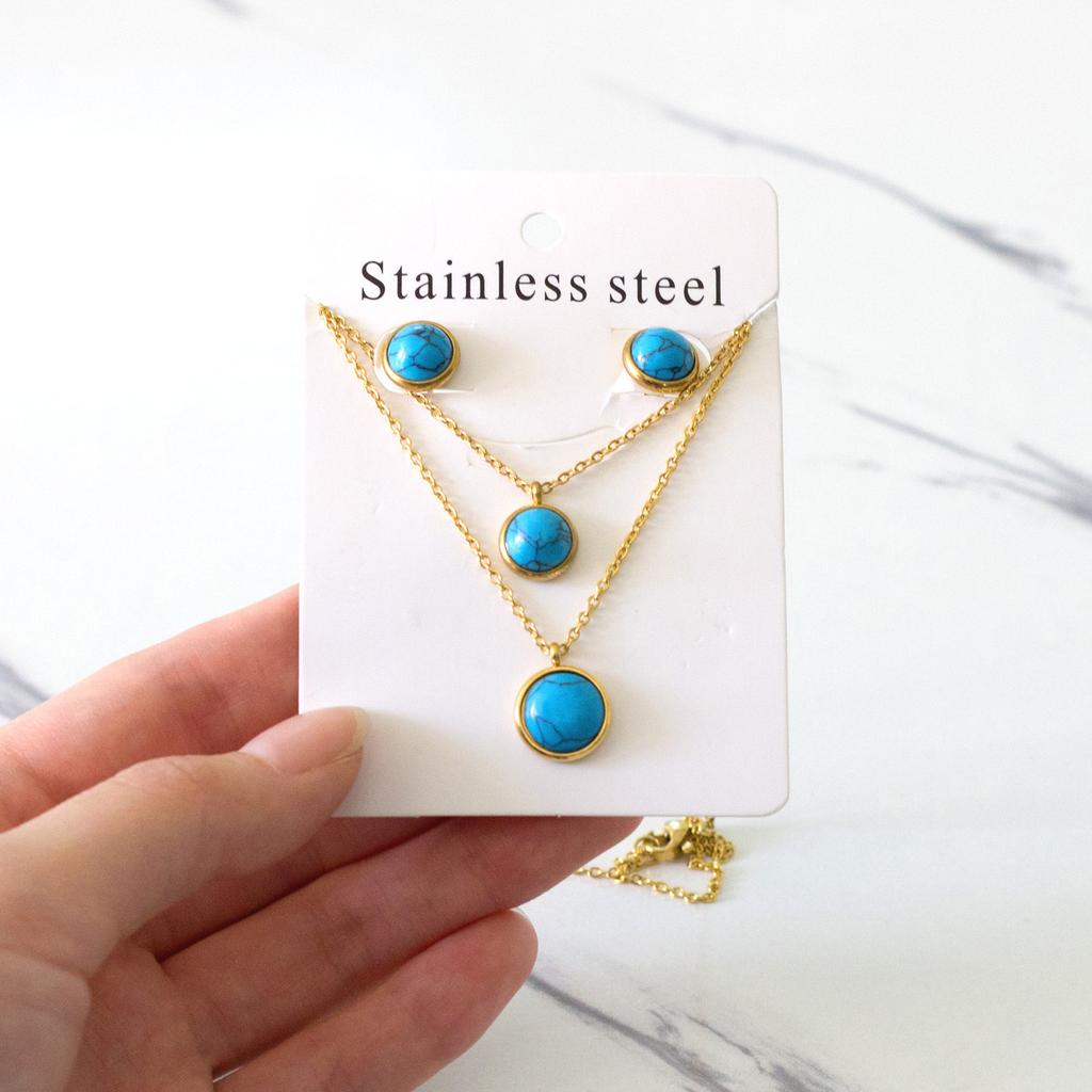 Songhua stone jewelry set female retro love shape round stud earrings necklace stainless steel jewelry set