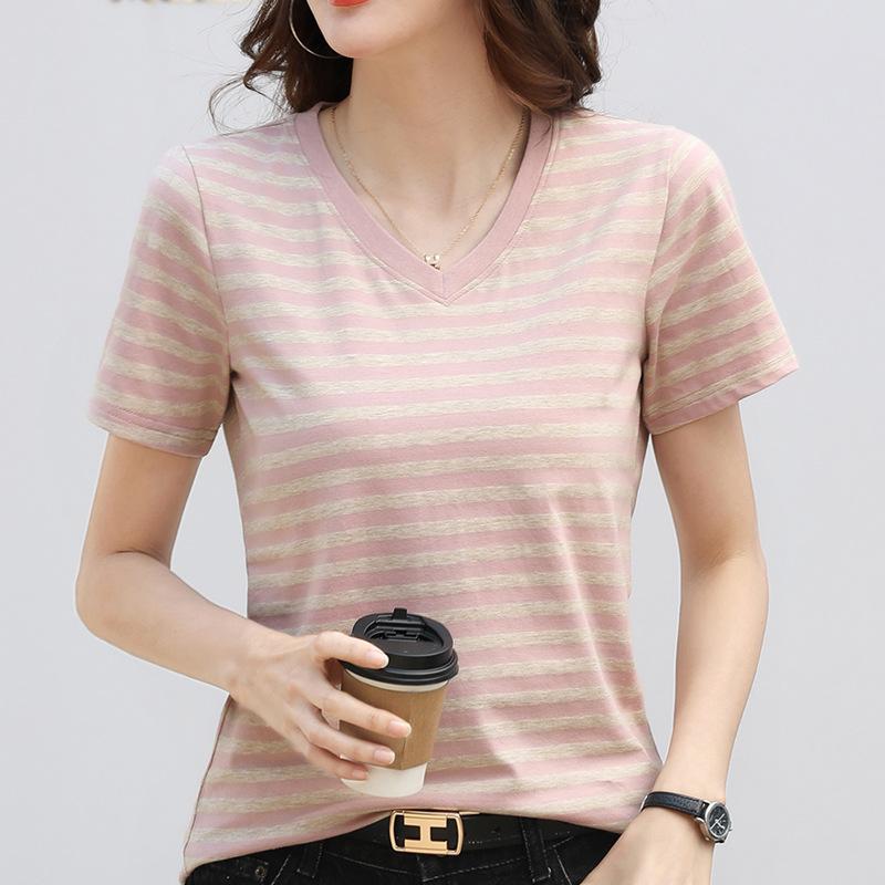 Striped Color Block V-Neck Retro Short Sleeve Women's Stylish Summer Top - New Arrival 
