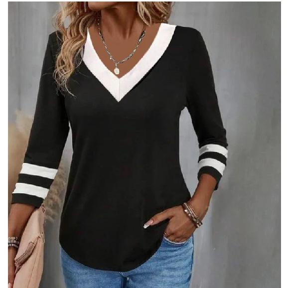 American style 2026 new women s casual fashion trendy high-quality color-blocked long-sleeve V-neck T-shirt S чёрный