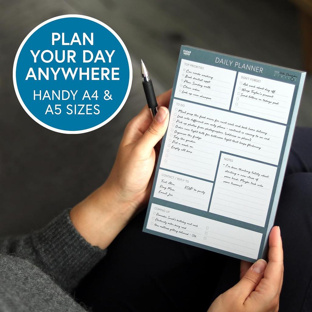 Daily Planner Notepad by Clear Mind Concepts - 100 Tear-Off Sheets, Undated To-Do List Pad, Thick 120gsm Paper for Productivity & Task Organization -