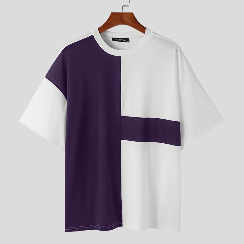 INCERUN Pánská nadměrná trička s krátkým rukávem v kontrastních barvách s prošíváním, ležérní patchworková trička