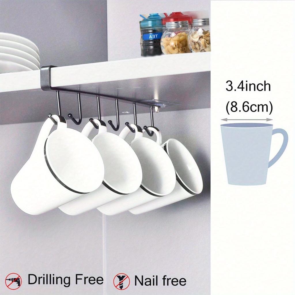 1pc Aluminum Wall Mounted Mug Rack No Screw Kitchen Cabinet Organizer For Coffee Cups Teacups Underwear Ties Scarf Hanger Durable Iron Hanging Rack