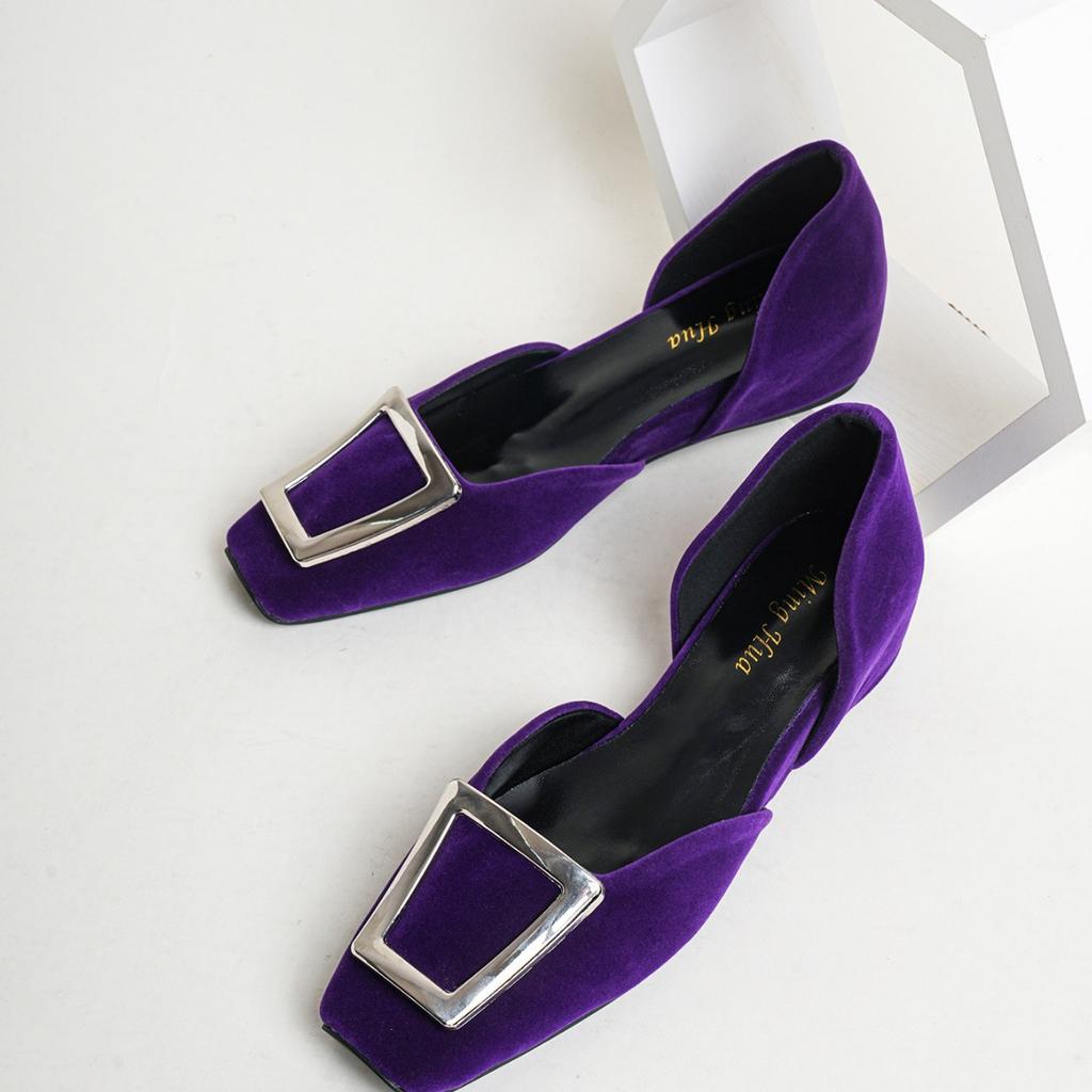 2025 spring and summer new RV square head single shoe bag head hollow 5 cm height increase purple women's single color matching design