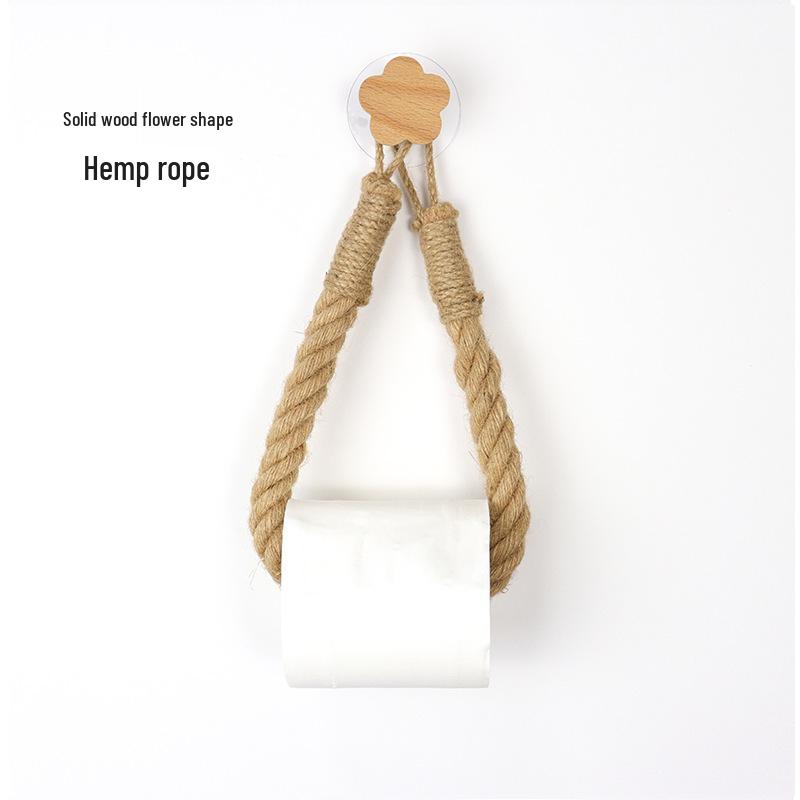 Handmade Woven Hemp Rope Tissue Holder with Solid Wood Roll Paper Rack