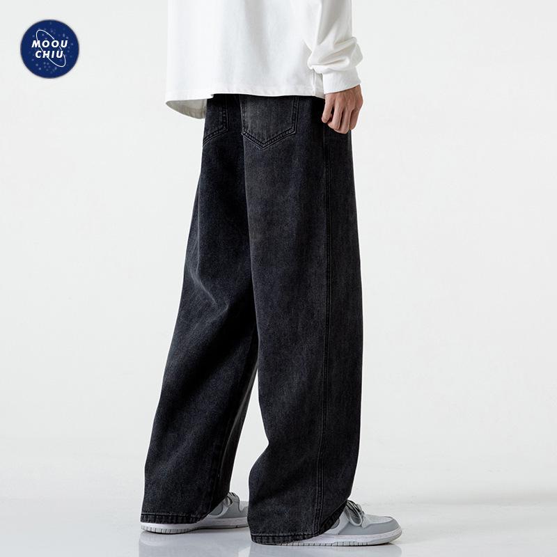 Muxiu Men's Trendy Black Unisex Wide Leg Jeans - Loose Straight Leg High Street Style Pants