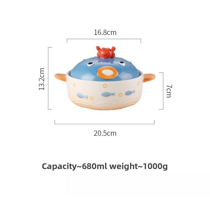 

Creative Ocean Ceramic Noodle Bowl with Lid Dual Handle Ramen Bowl Mobile Phone Stand Student Dormitory Tableware Set