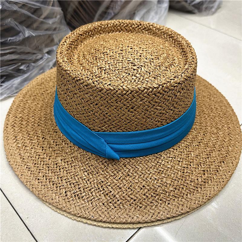 French Style Straw Boater Hat for Women, Wide Brim Sun Cap for Spring Summer Beach, British Retro Flat Top