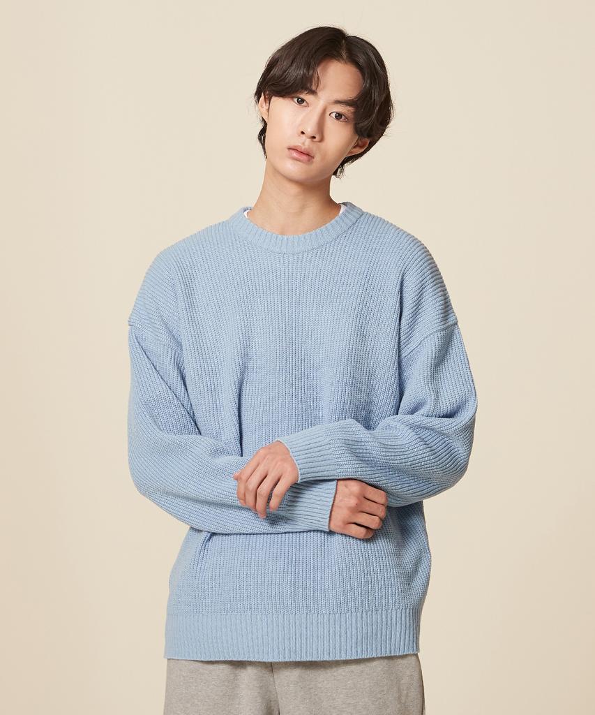 BLOND9 Crew Neck Rib Knit Sweater_Sky Blue