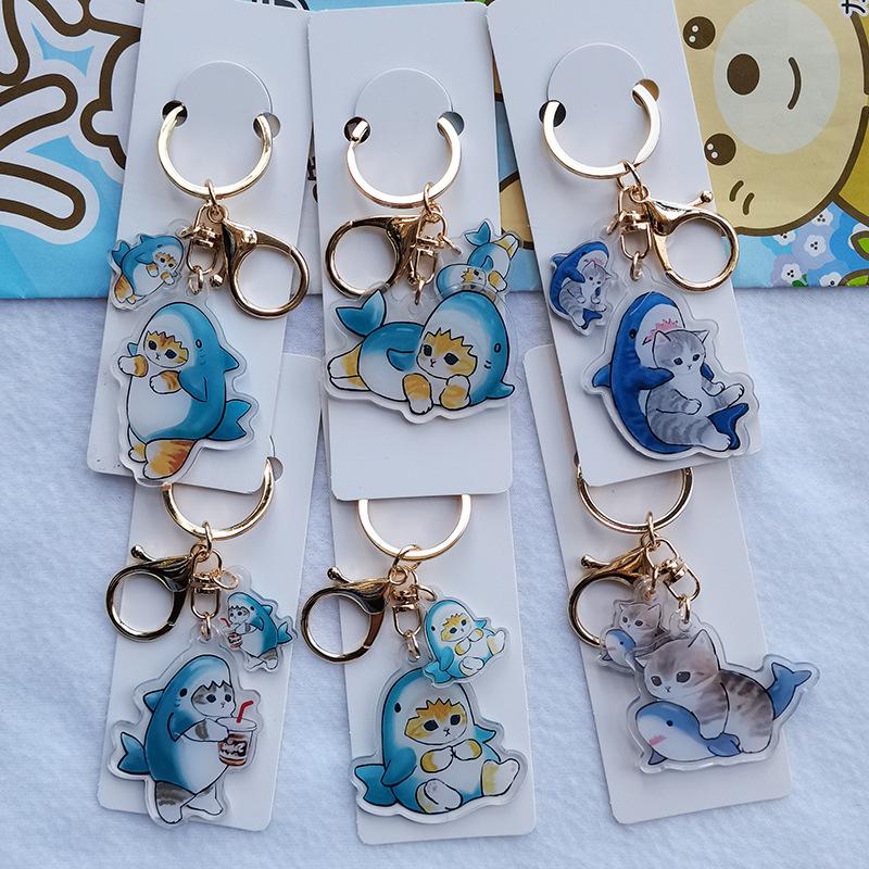 Transparent Double-Sided Shark Cat Keychain Key Chain Accessories Cartoon Cat Pendant Cute Animal Cat Keyring Student Gift