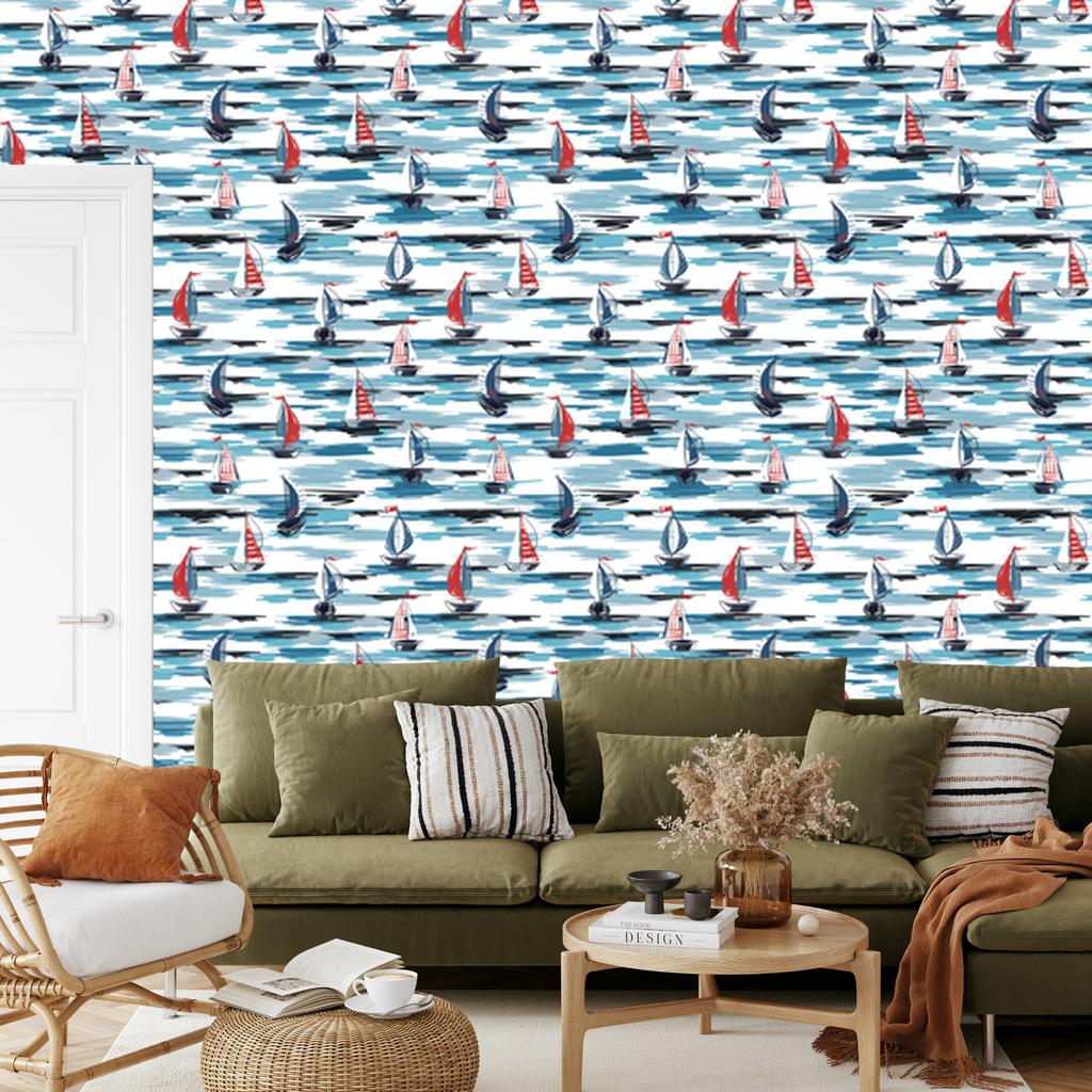 Painted sailboats at sea wallpaper for living room and bedroom 50x1000
