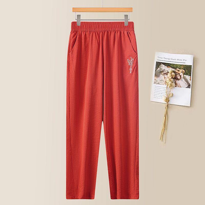 

High-Waist Embroidered Maternity Cropped Pants for Women - Casual Loose Straight-Leg Design for Middle-Aged and Elderly 2XL (suggested 80-110 jin) коралл красный