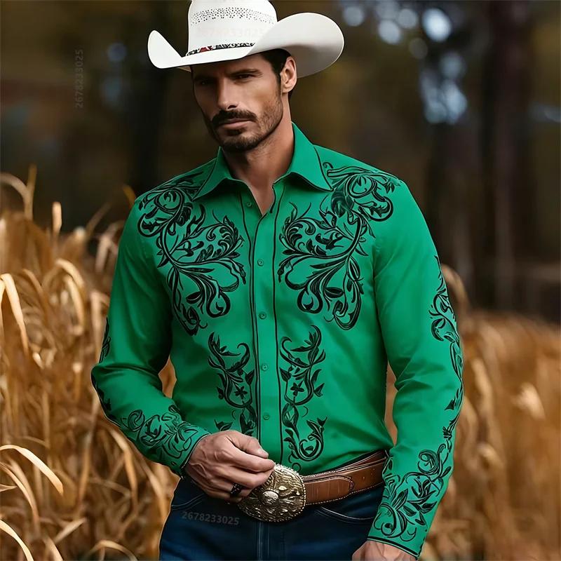 Chemise Western Décontractée en Denim pour Homme, Nouvelle Mode, Motif Imprimé 3D, Chemise Décontractée Rétro pour Vacances avec Boutons, Manches Longues Shi