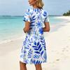 Women Short Sleeve Floral Print Casual Dress Round Neck Waist Tie Pocket Lightweight Summer Dress