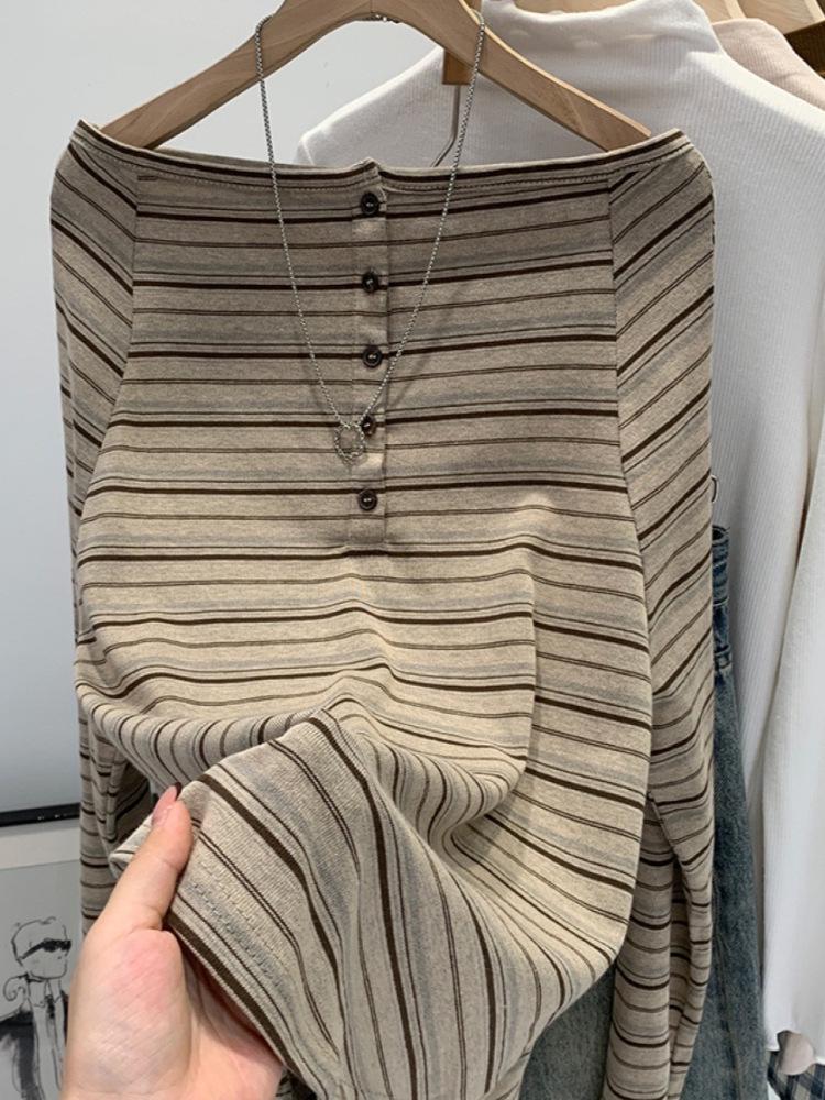 Autumn 2025 New Arrival: Women's High-End Korean Style Striped One-Shoulder Long-Sleeved T-Shirt