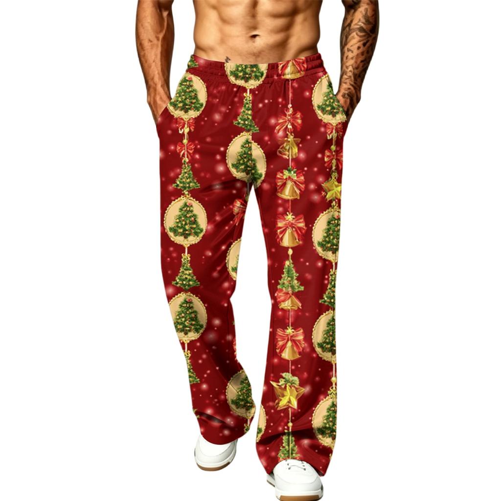 Men's Fashion Casual Loose Fit Wide Leg Christmas Print Sports Pants with Pockets