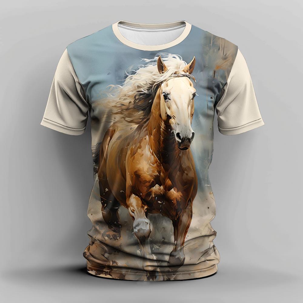 Summer Men's T Shirt 3d Horse Print Casual Crew Neck Short Sleeve Tee Oversized Clothing Animal T-Shirts Fashion Streetwear Race
