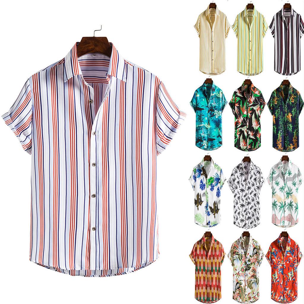 Spring and Summer Men's Beach Shirt Hawaiian Short Sleeve Flower Shirt Men's