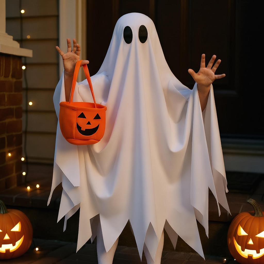 Halloween Kids Ghost Costume Ghost Cosplay Costume with Pumpkin Trick or Treat Candy Bags White Ghost Outfit Ghost Cape