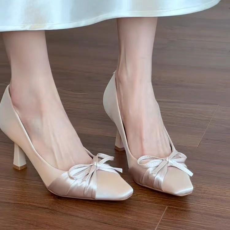 Bow High Heels Women's 2025 Spring and Summer New Pointed Temperament Party Light Mouth Beige Stiletto Single Shoes