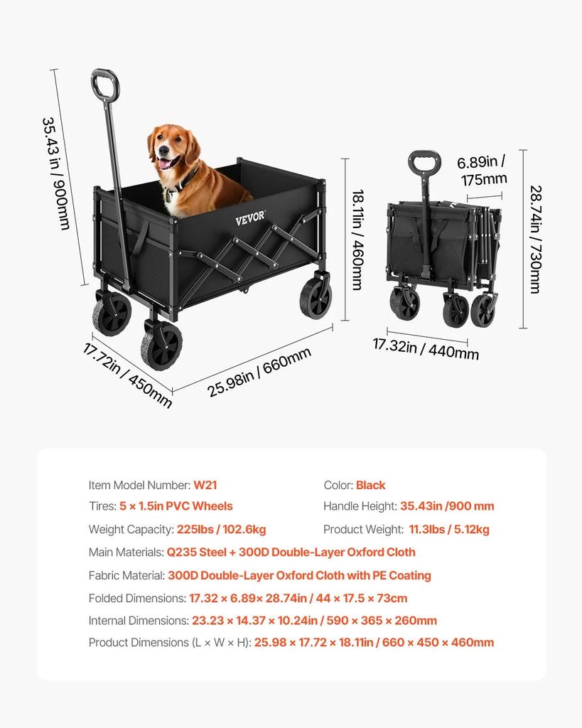 VEVOR Collapsible Wagon Carts, 120L & 225LBS Folding Wagons with All-Terrain Wheels, Heavy Duty Outdoor Utility Cart with Adjustable Handle