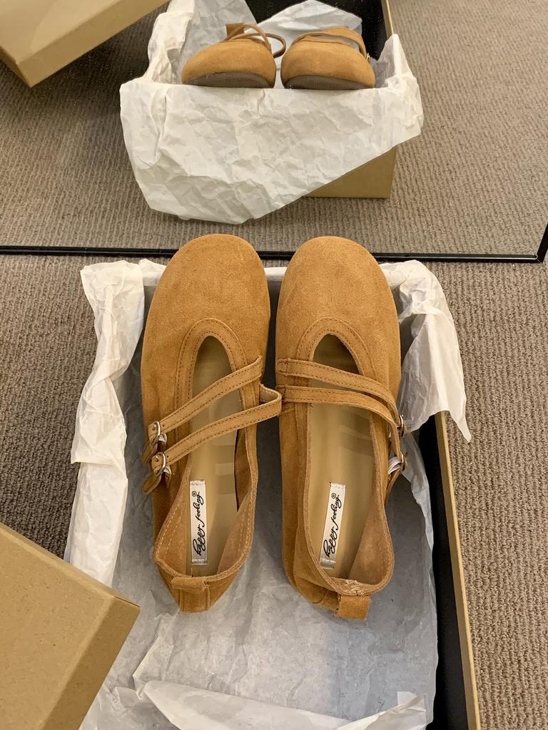 Cowhide version~ round head retro yellow Mary Jane shoes women's soft-soled cross-strapped ballet commuter single shoes women's ladyshoes