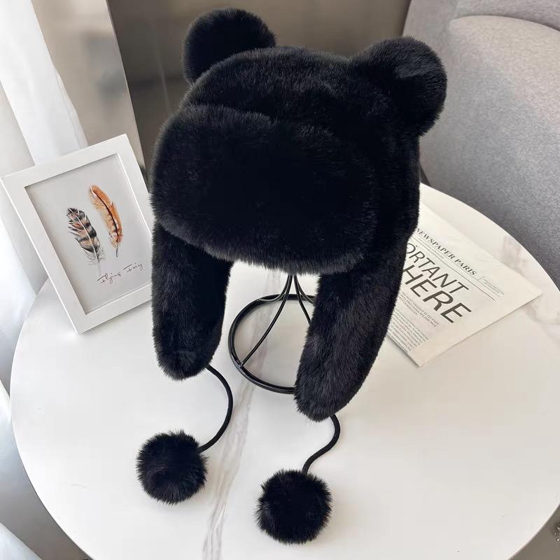 Women's Cute Ear Bucket Winter Warm Hat with Panda Color Faux Rex Rabbit Fur Casual Character Style for Girls Adults