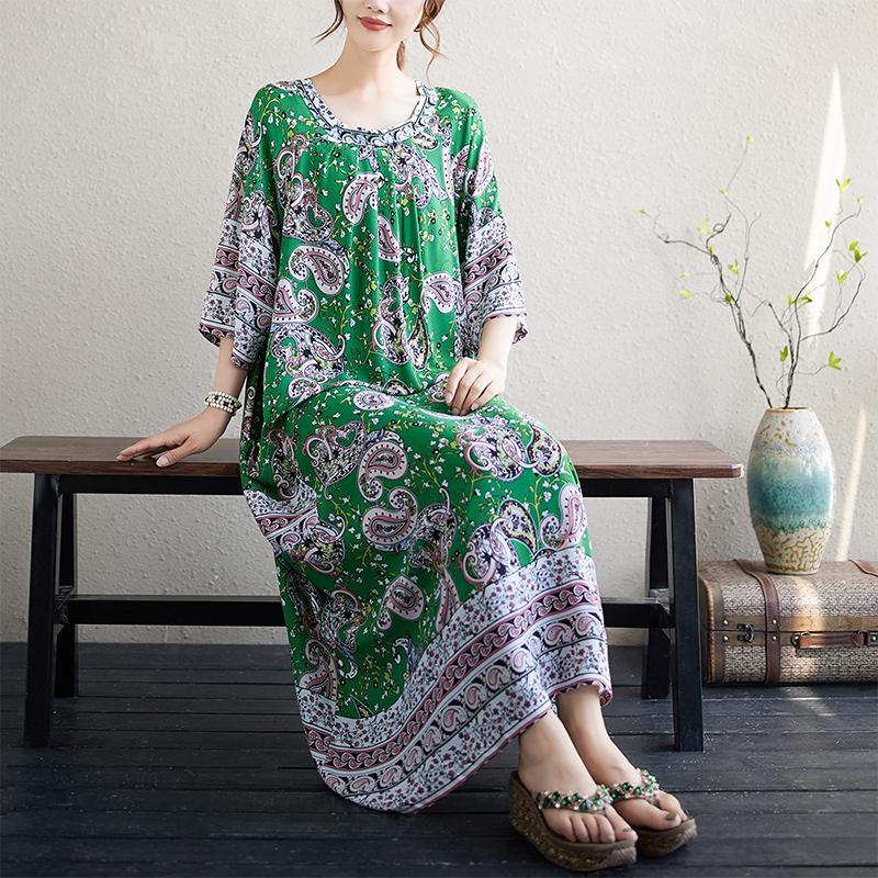 

DIMANAF 2025 Plus Size Dress Women Summer Vintage Cotton Printing Long Dress Pockets Casual Loose Oversized Dress One Size зелёный