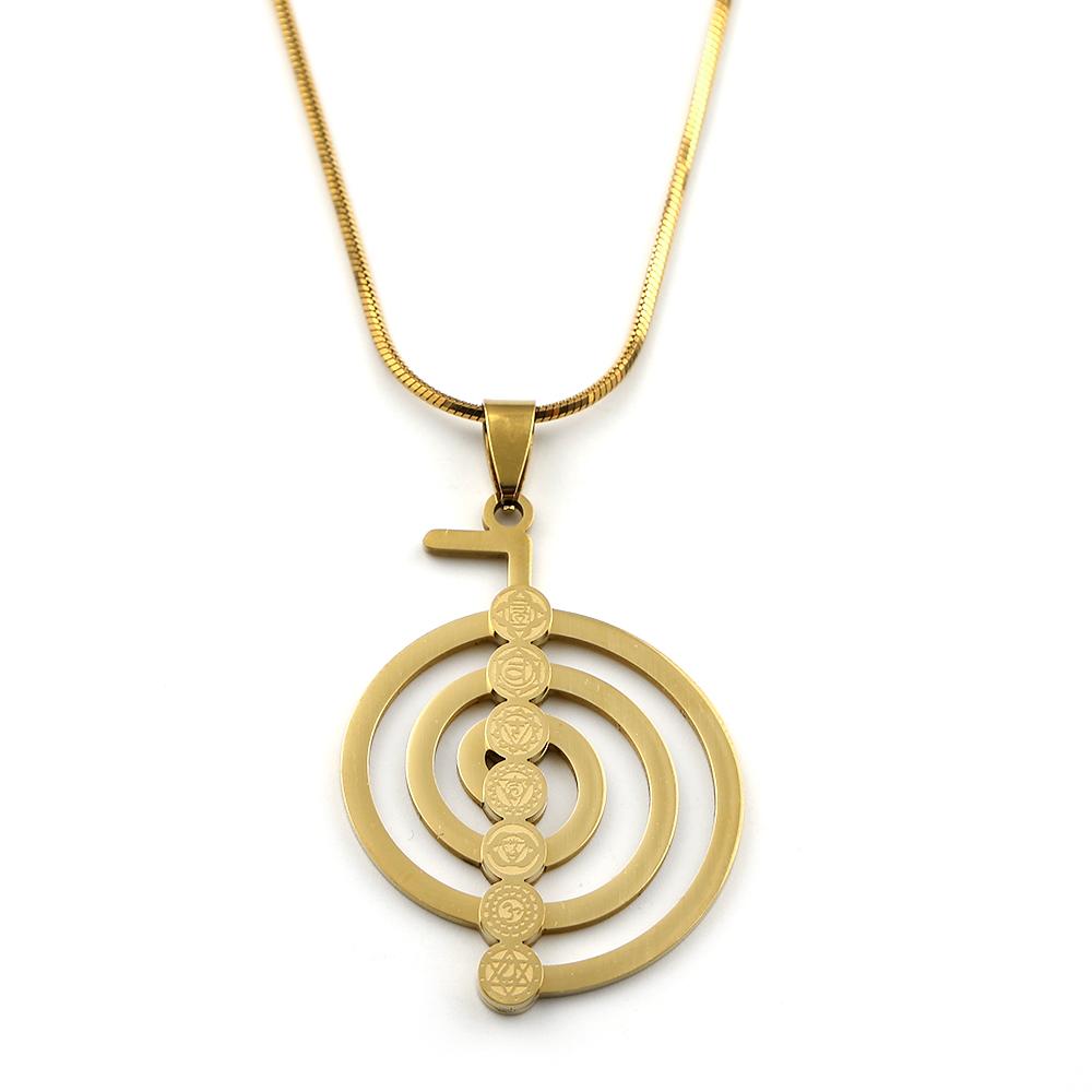 Spiral Cho Ku Rei 7 Chakras Stainless Steel Pendant Necklace Reiki Protection Healing Chokurei Snake Chain Necklaces Jewelry