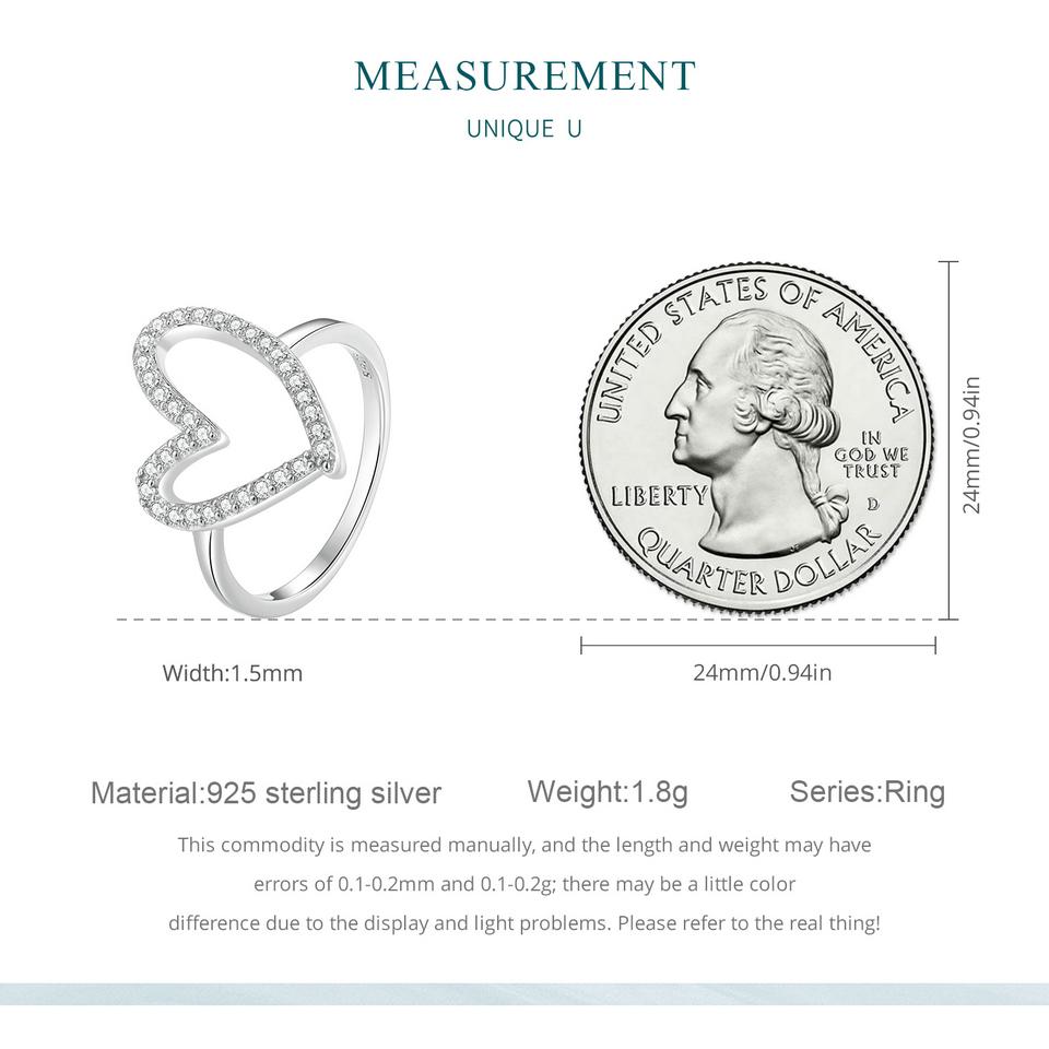 Bisaer 925 Sterling Silver Simple Heart-shaped Finger Ring for Women Anniversary Valentine's Day Gift Cubic Zirconia Jewelry