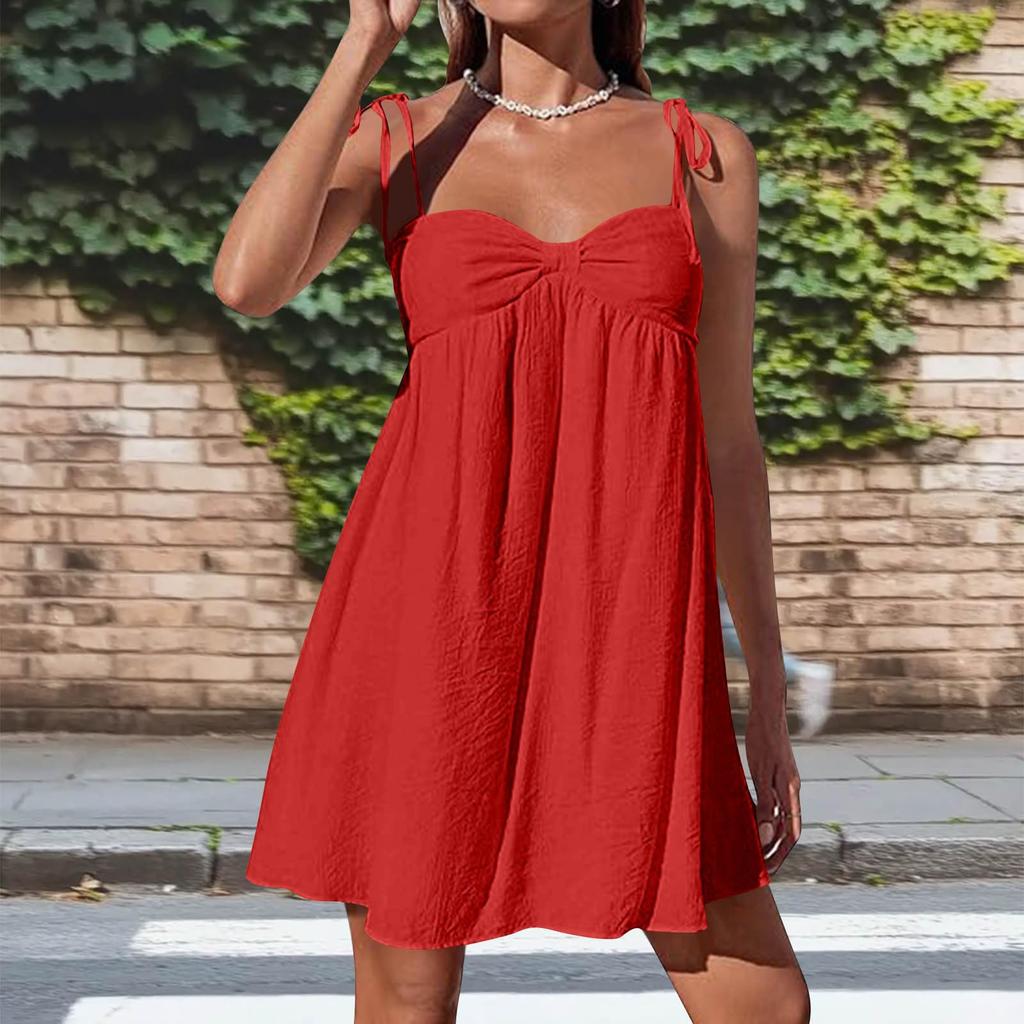 Women's Casual Loose Fit Sleeveless Tie Strap Dress Lightweight Breathable Fabric Summer Dress with Adjustable Shoulder Straps and Flared Hem