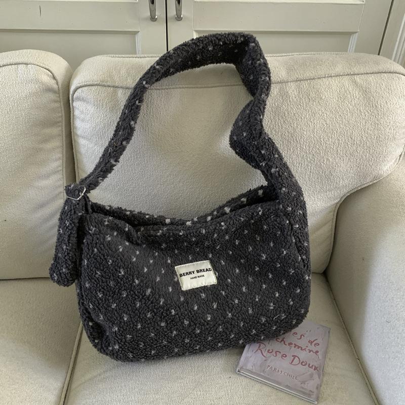 

2025 новая корейская версия простая и универсальная плюшевая сумка ретро сумка-ведро большой вместимости зимняя сумка для通勤 через плечо серый