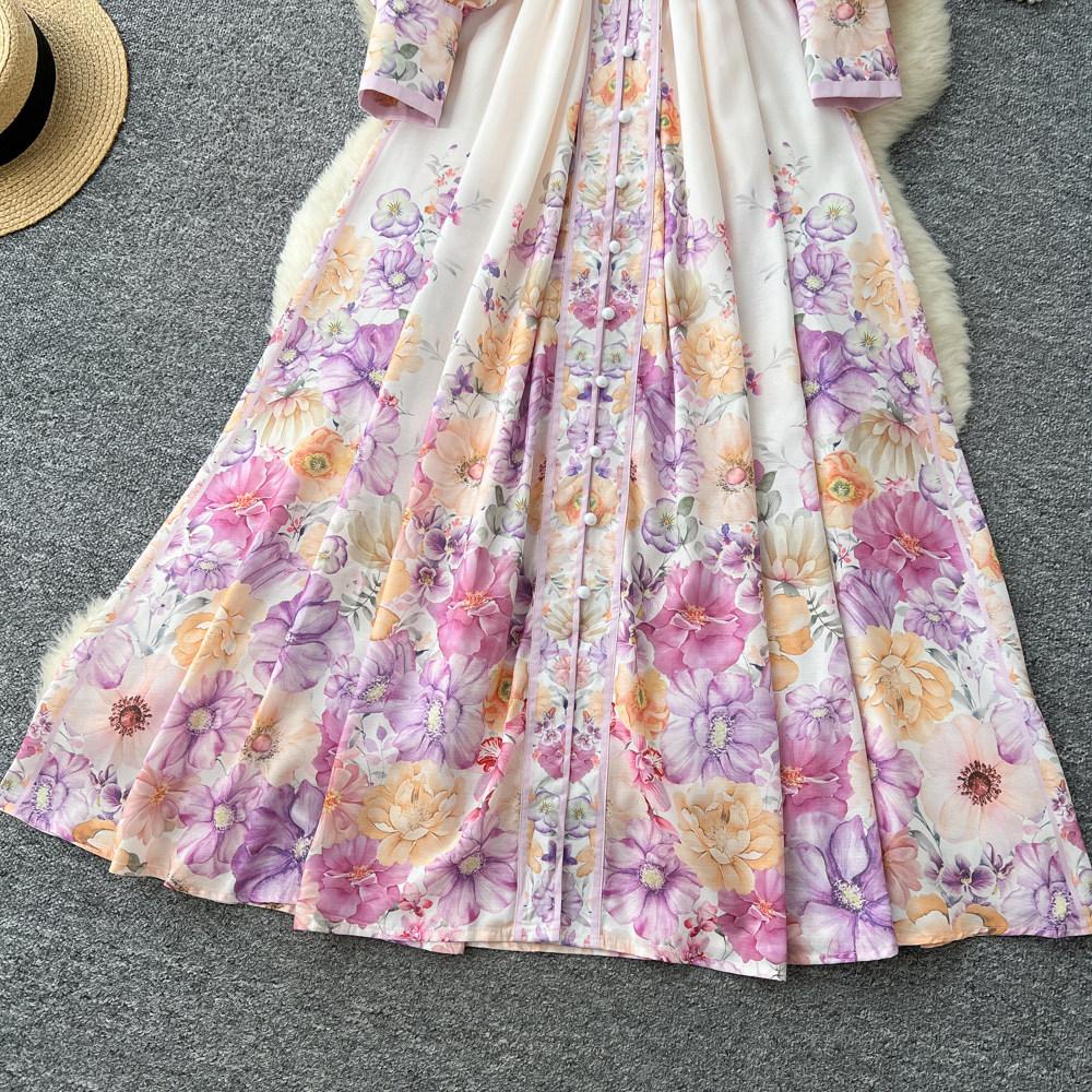 Abiti Lunghi da Festa Donna Primavera Autunno Vintage Stampa Floreale Rosa da Sfilata Manica Lunga Monopetto con Cintura