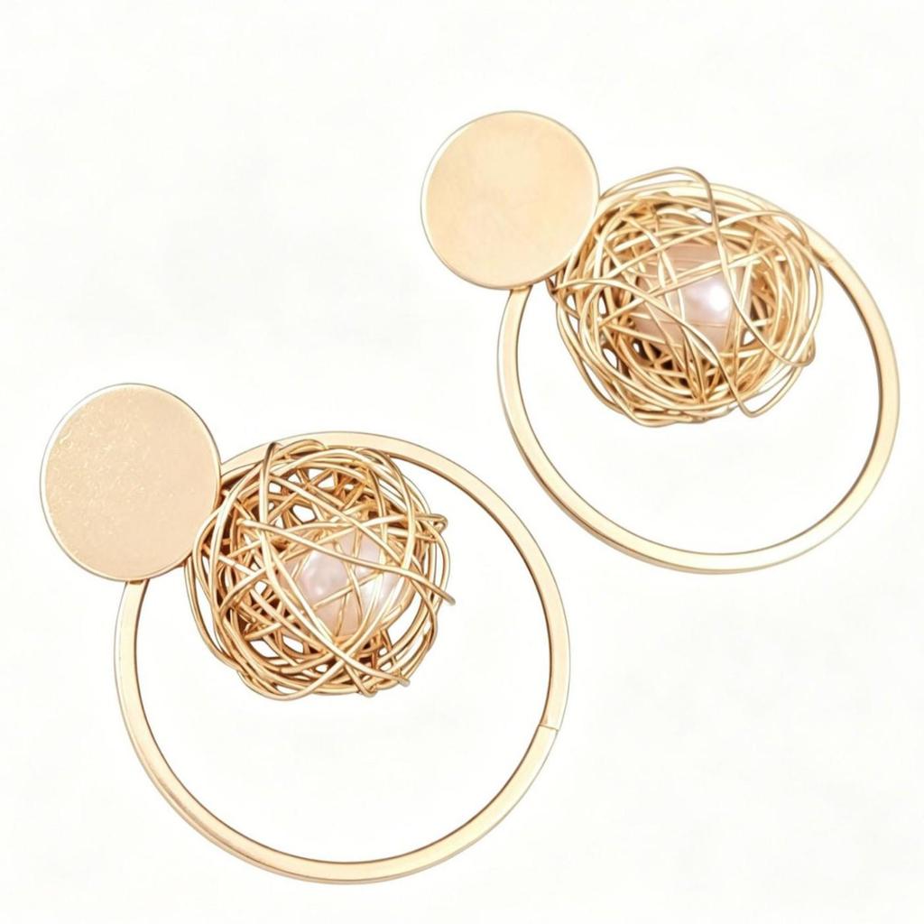 Korean Style Gold Thread Pearl Pendant Earrings: Trendy, Exaggerated Round Hollow Design for Women