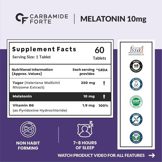 Carbamide Forte Melatonin 10 mg Schlaftabletten mit Tagar 250 mg | Schlafmittel für Männer & Frauen - 60 Veg Tabletten.
