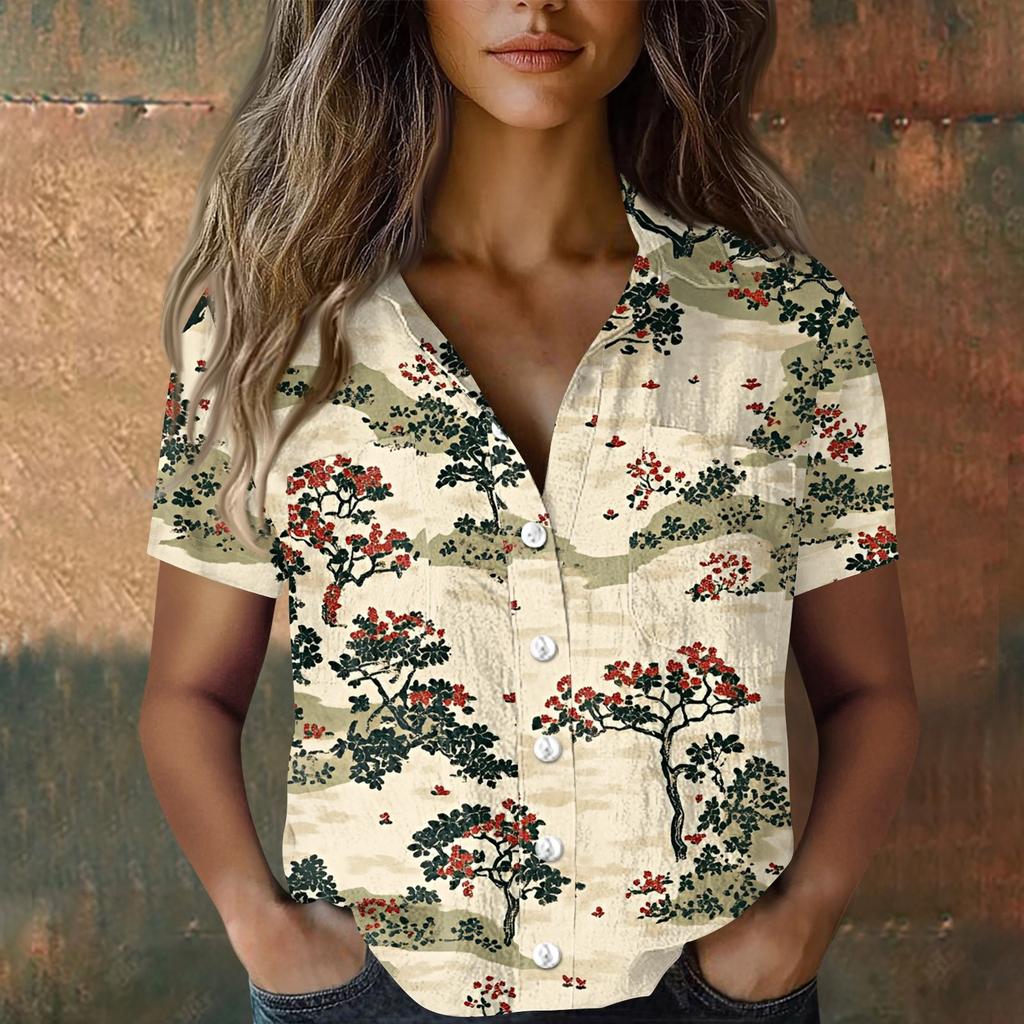 Damen Blusen & Hemden, Baumwolle, Leinen, kurzärmelig, lockere Boho-T-Shirts, Vintage-Blusen