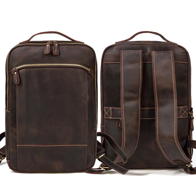 Retro Backpack Double Zipper Main Bag Leather Backpack Large Capacity Mad Horse Leather Outdoor Travel Bag Leisure Computer Bag