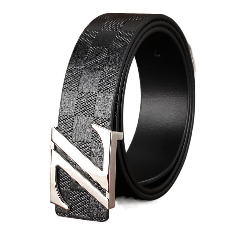 Men's Plaid Cowhide Belt with Stainless Steel Smooth Buckle