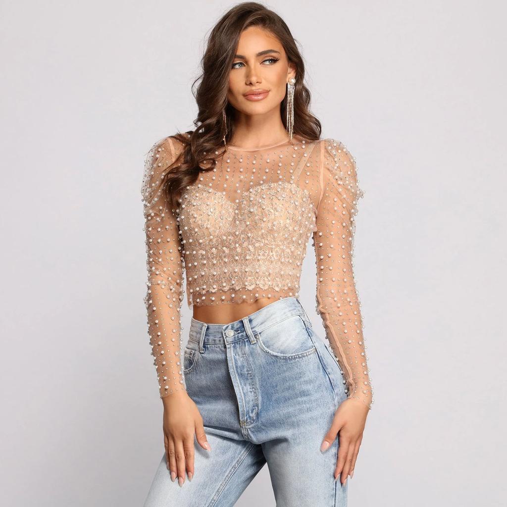 Women's Summer Rhinestone Bubble Sleeve Mesh Top