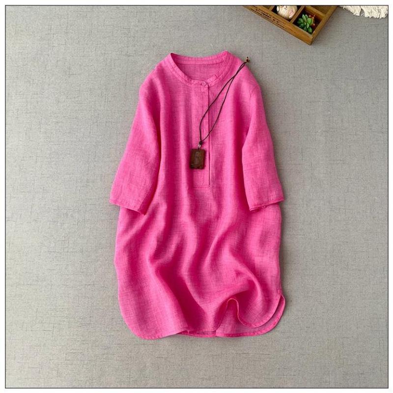 Women s Summer Ramie Stand Collar Shirt - Loose, Comfortable, Cool Mid-Length Casual Pullover L