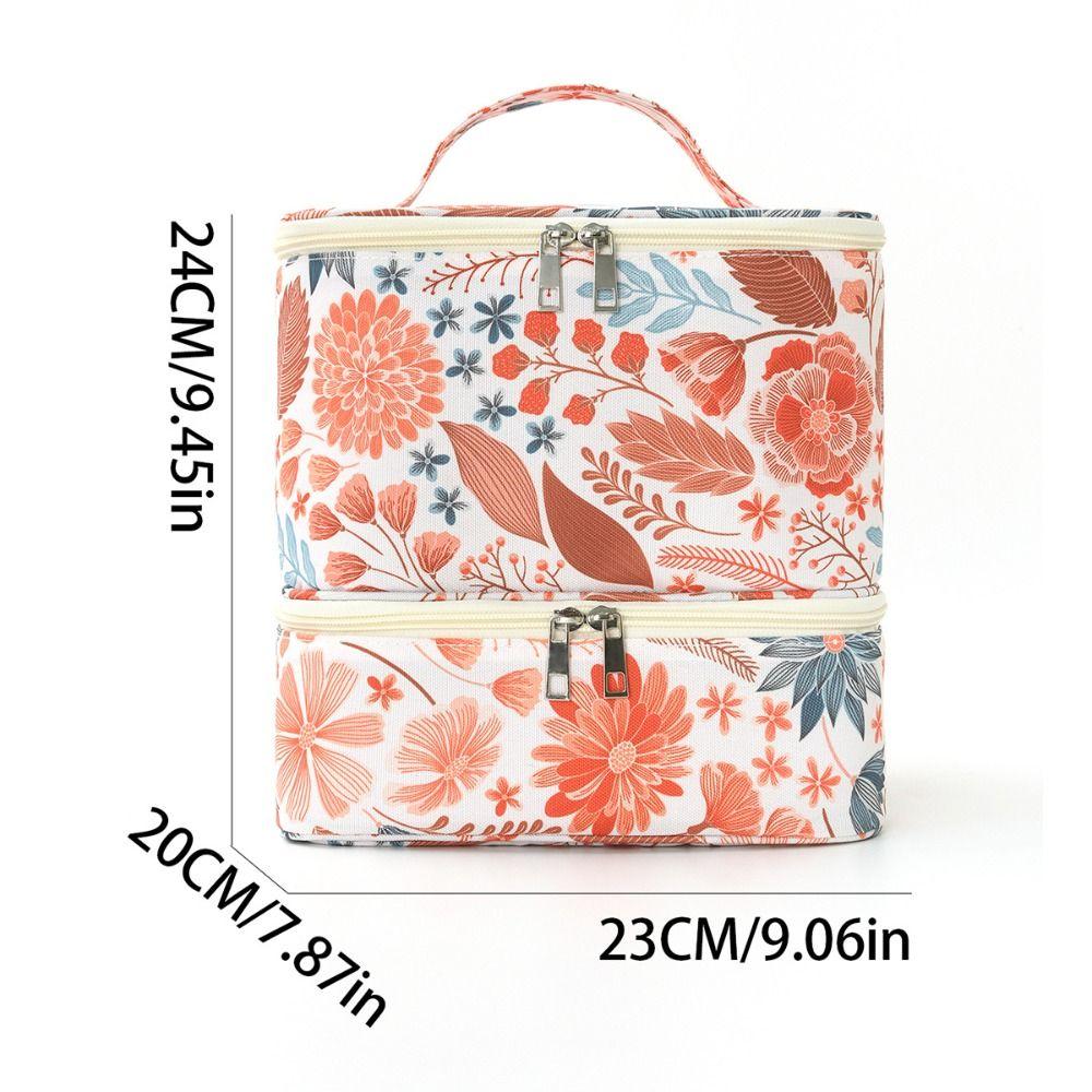Double Layer Nail Polish Storage Bag Large Capacity Floral Print Nail Lamp Case Detachable with Handle Makeup Bag