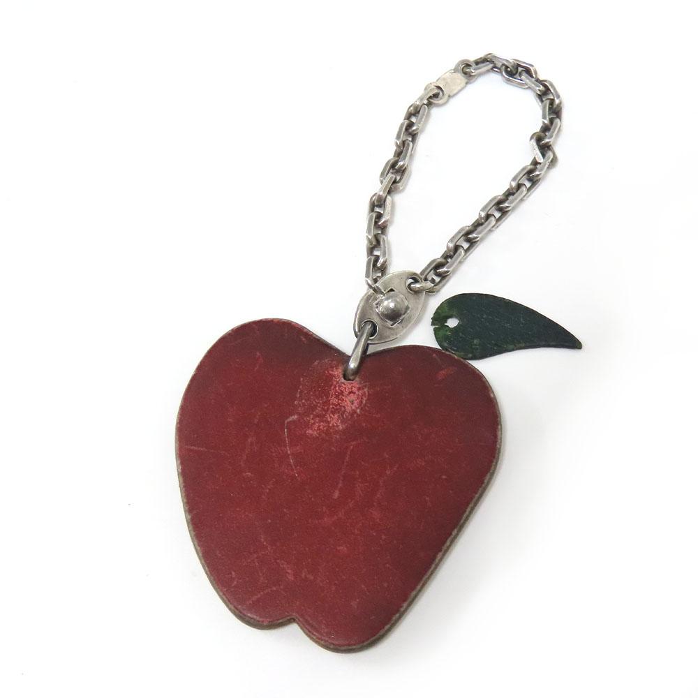 Used HERMES Bag charm Apple fruits leather/Silver925 Red green key ring