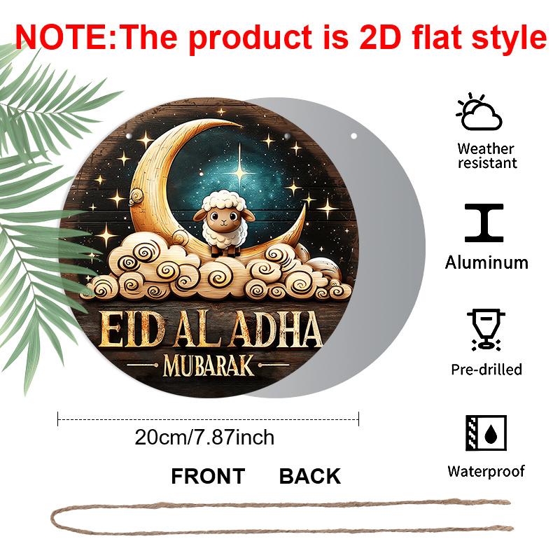 Piatto 2D, 1 pz Segno in Alluminio Islamico Boemo Adatto ai Musulmani - Eid Al-Adha Mubarak Targa Rotonda da Parete con Pecora e Luna Crescente, Segno da Porta in Alluminio per