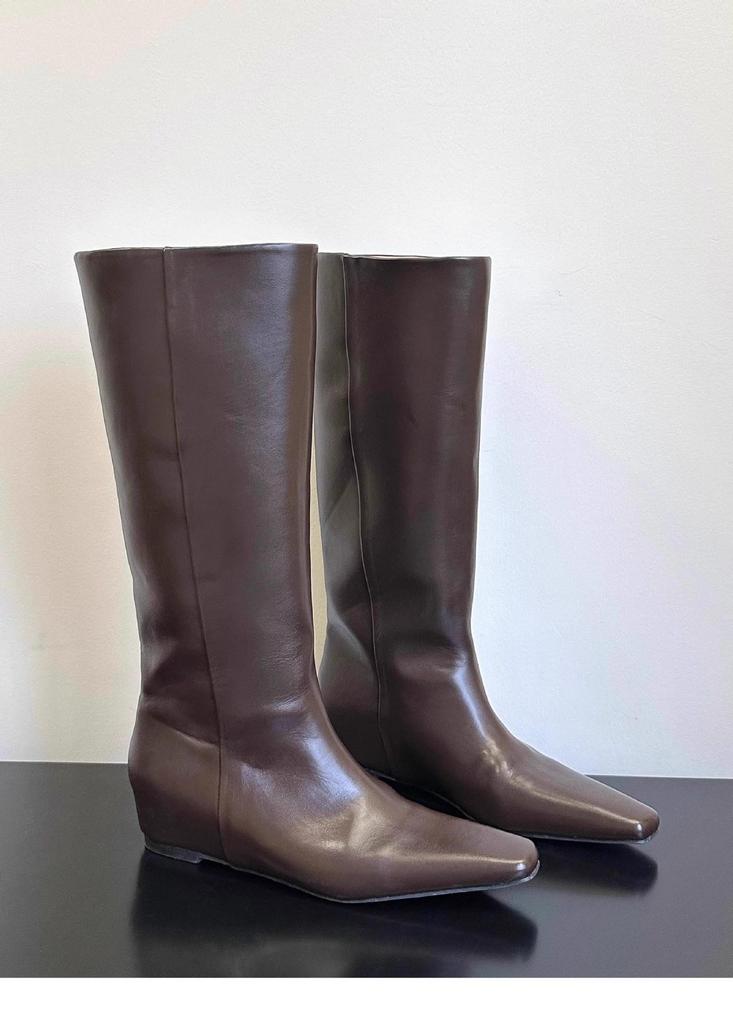 In Stock: Women's Coffee Brown Square Toe Boots with 5cm Hidden Heel - Stylish Autumn Design for Long, Straight-Looking Legs.