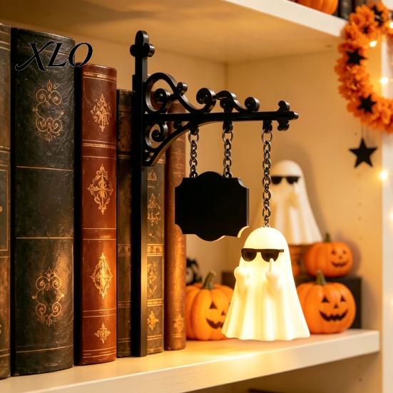 Vintage Style Hanging Lantern Library Bookshelf Lamp, Metal LED Nightlight for Book Nook Decor, Miniature Ghost Reading Book/Wearing Sunglasses Light